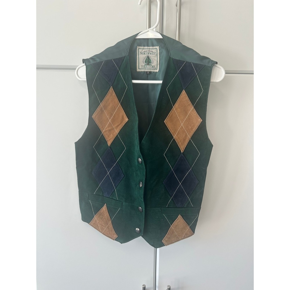 Northwest Territory Vintage Green Suede Leather Argyle Vest Mens Small Gorpcore